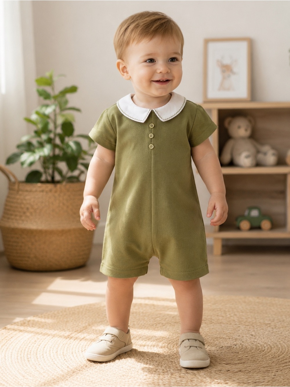 Edgehill Collection Olive Green Boyโs Romper Sz 18M Peter Pan Collar NWT